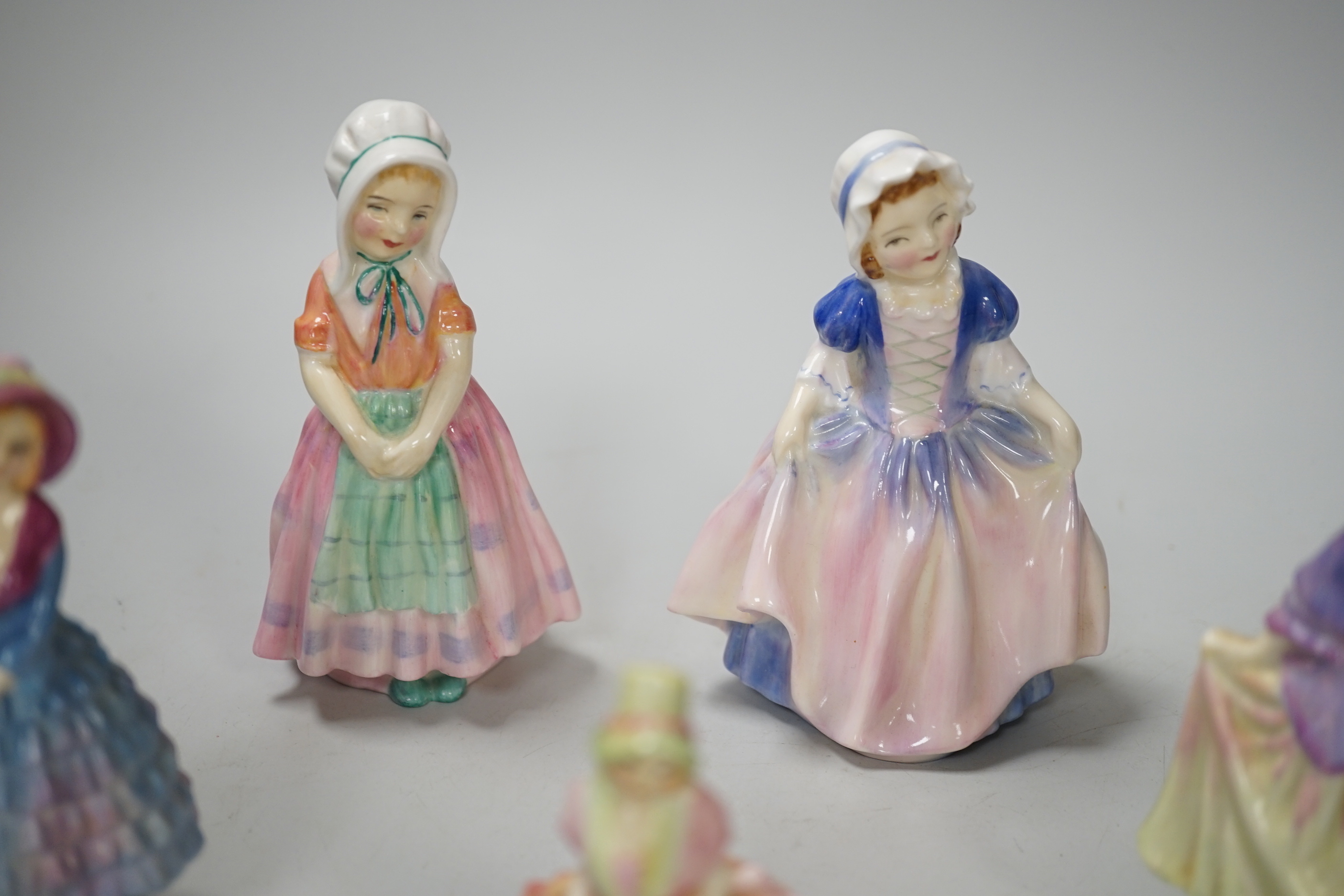 Five royal Doulton figurines, three figures pre HN numbers: Priscilla M5, Chloe M9, Sweet Anne M.5